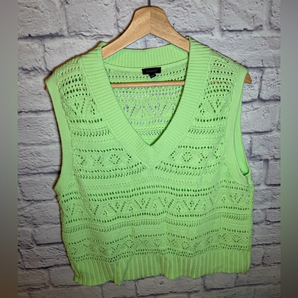 Talbots Lime Green Knit Top, V‎ Neck Pullover Tank Top vest size large